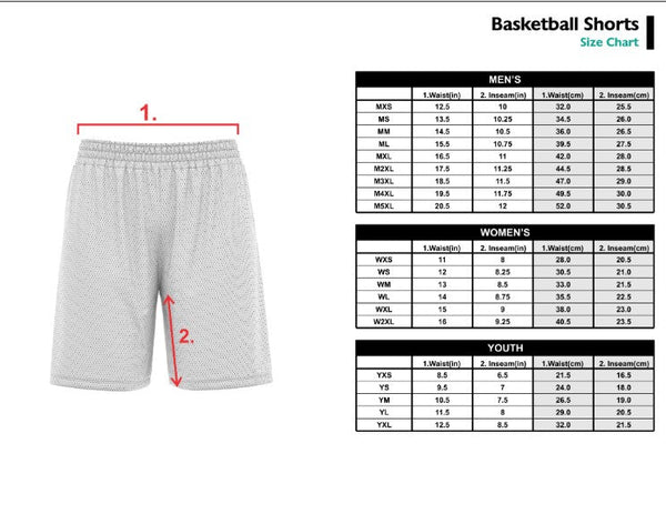 Conway+Banks Custom Mesh Basketball shorts Sizing chart