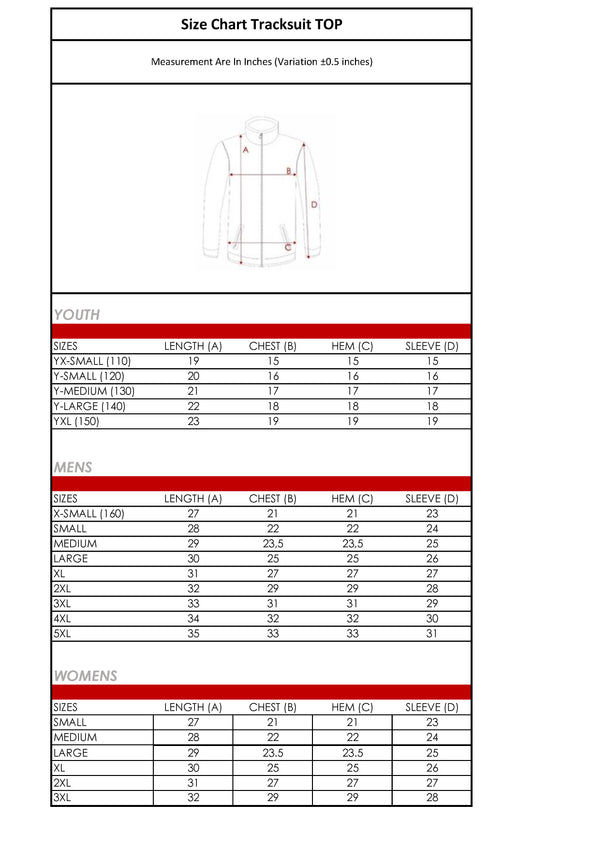 Conway+Banks Custom Tracksuit Jacket sizing chart